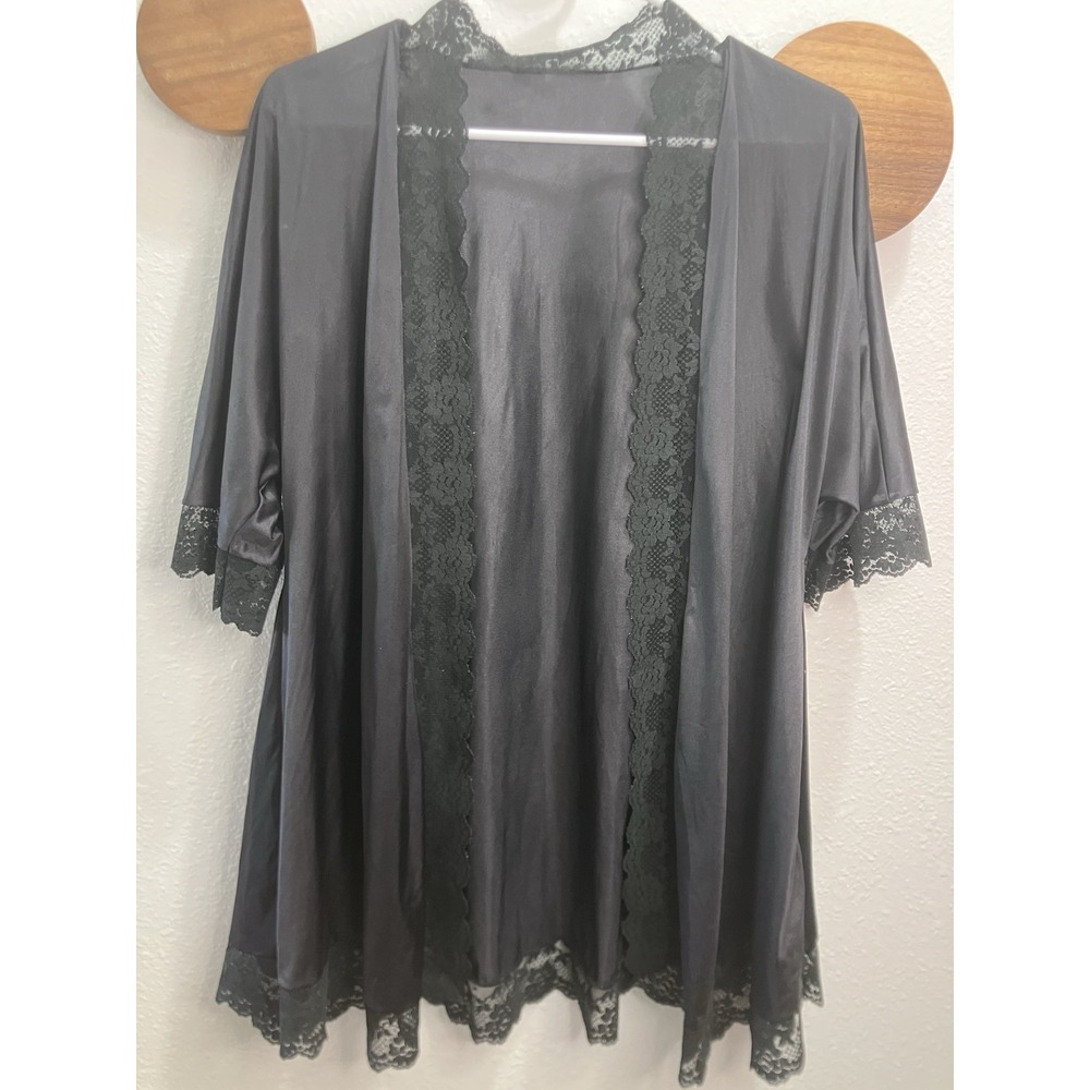VTG Lady Cameo Black Satin‎ Lace Bed Jacket Robe USA One Size Coquette Romantic